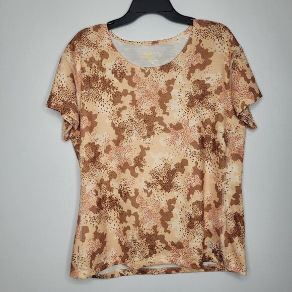 Mountain Hardware women's orange tone abstract print stretch short sleeve top Xl - Picture 1 of 6